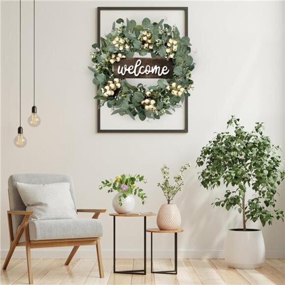 Green Artificial Eucalyptus Wreath with Welcome Sign 20in Spring Summer Wreath - Picture 4 of 7